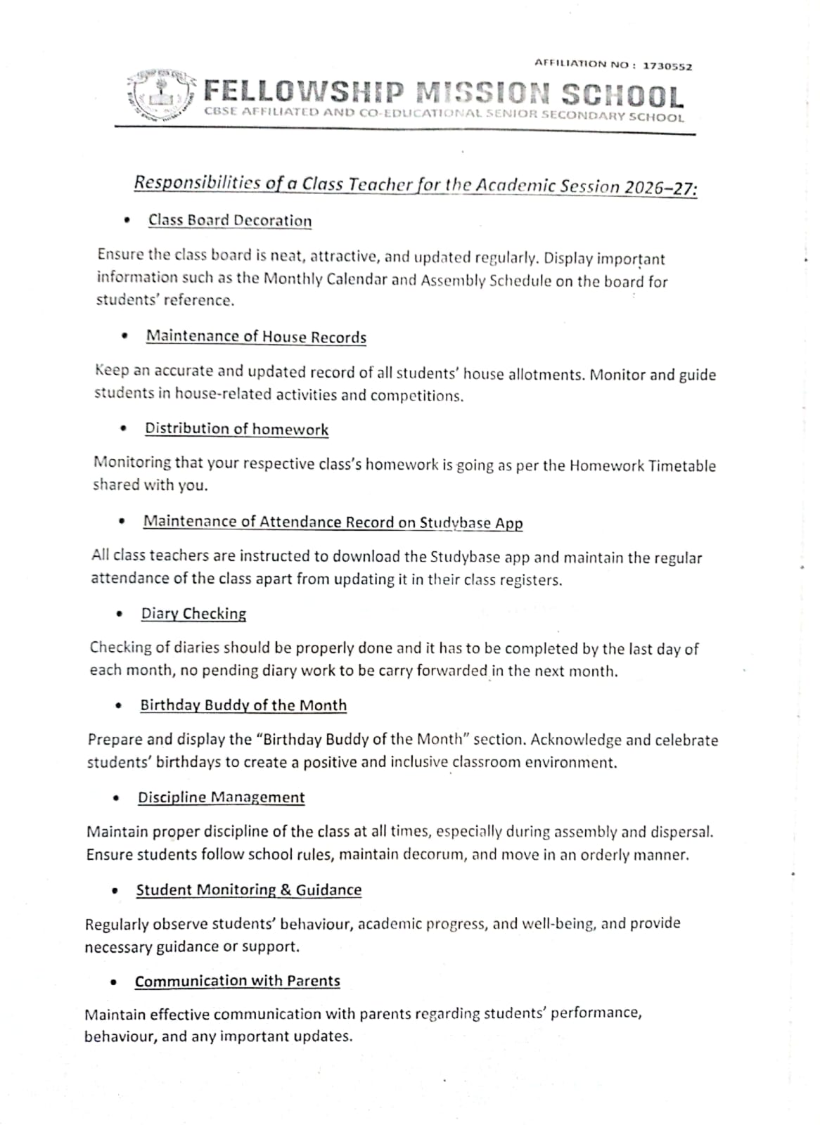 Class Teacher Responsibilities