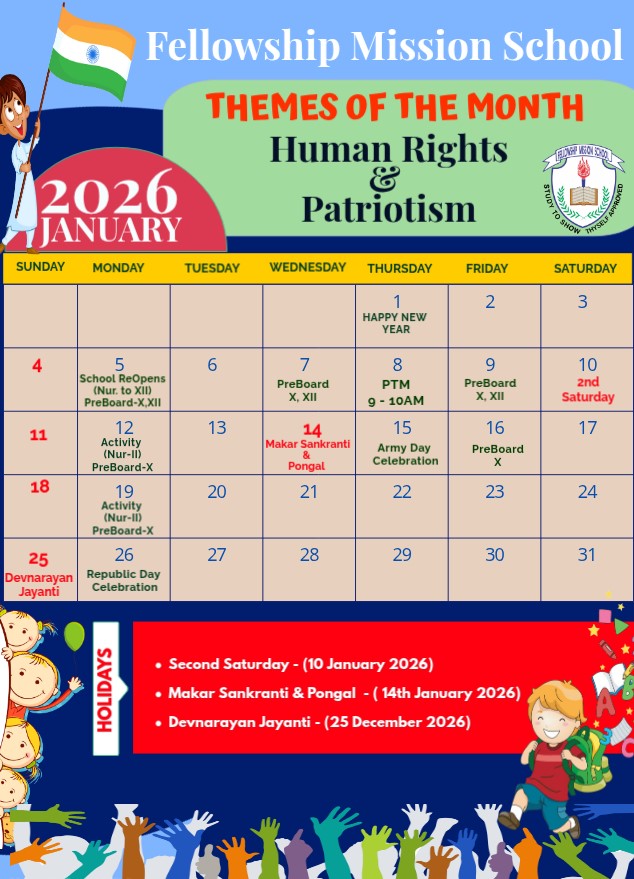 Academic Calendar of Month January 2026