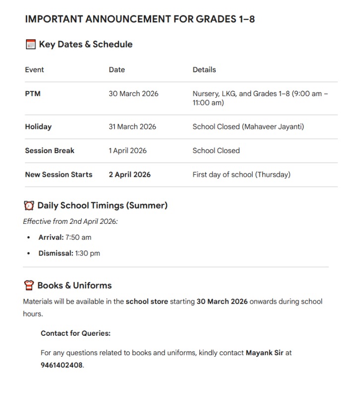 Important Appointments for Grade 1-8